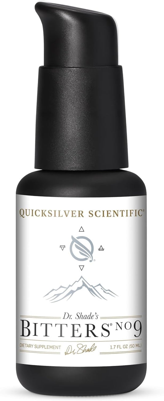 Quicksilver Dr. Shade's Bitters No. 9 vista frontal, etiqueta clara y formato práctico