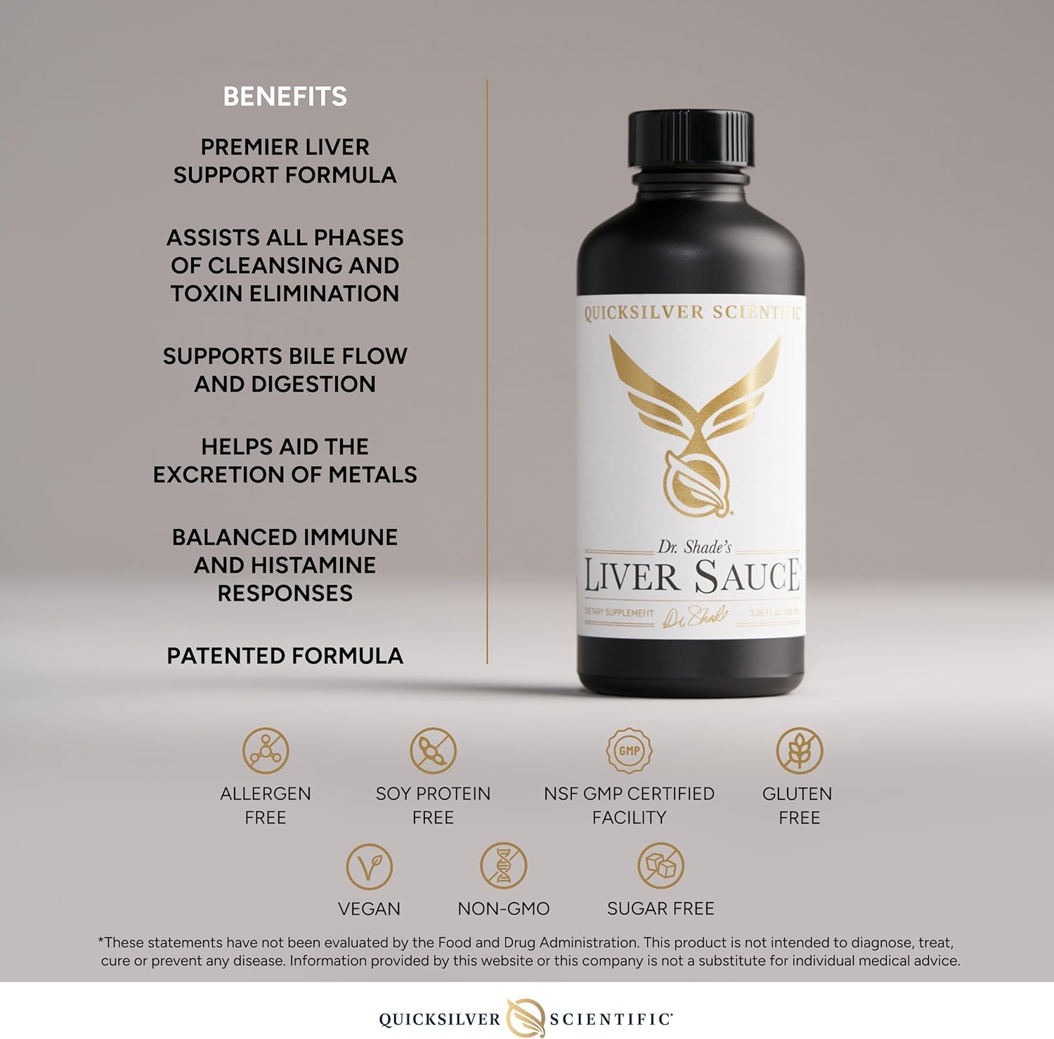 Quicksilver Scientific etiqueta con ingredientes clave y beneficios visibles