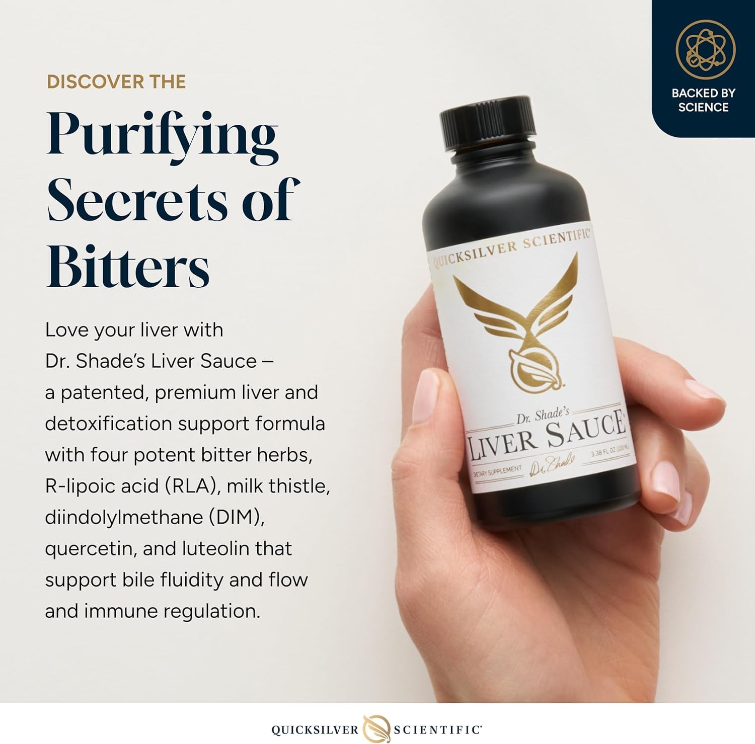Quicksilver Scientific botella en mano demostrando dosificación práctica y conveniente