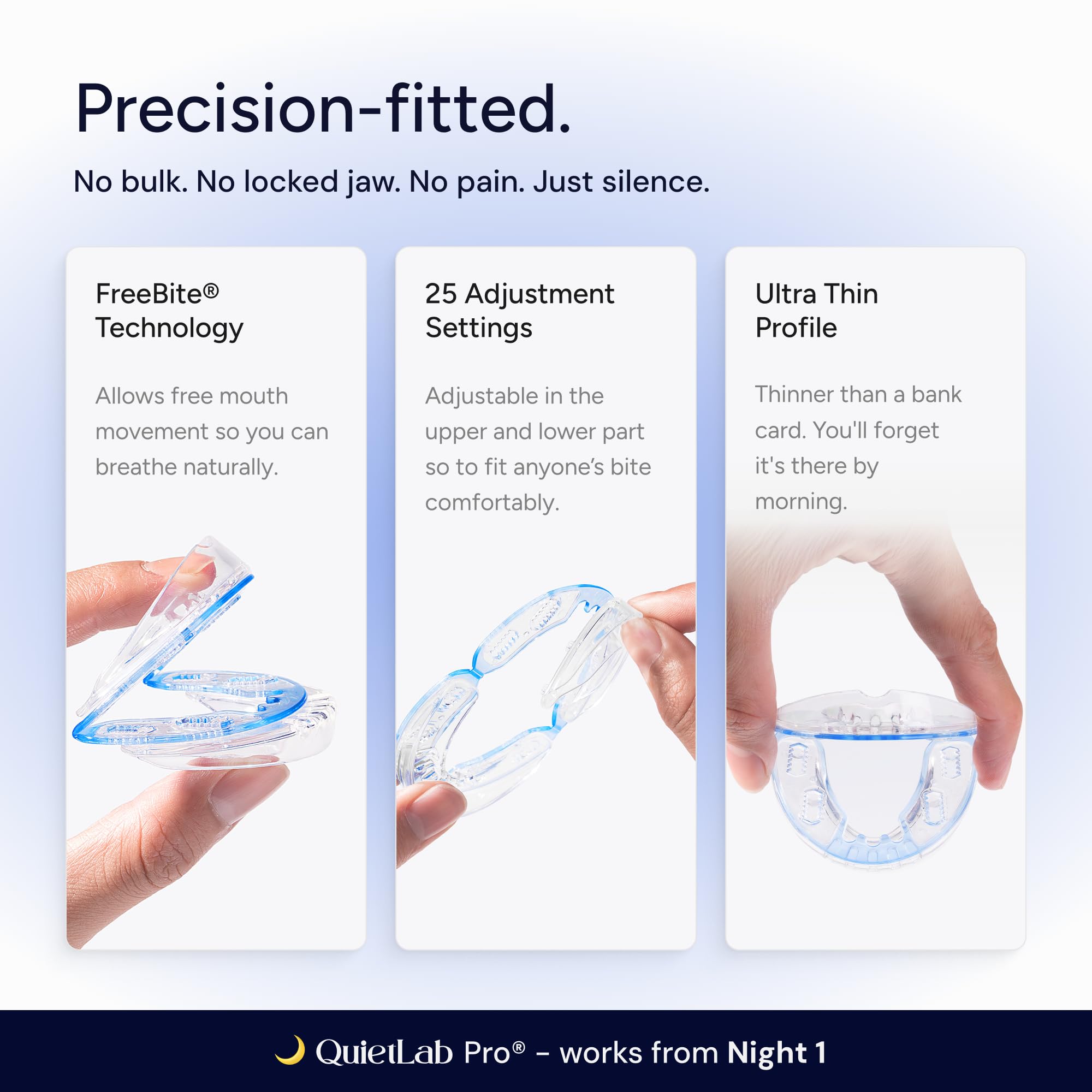 QuietLab comparación de tamaño en mano para apreciar portabilidad