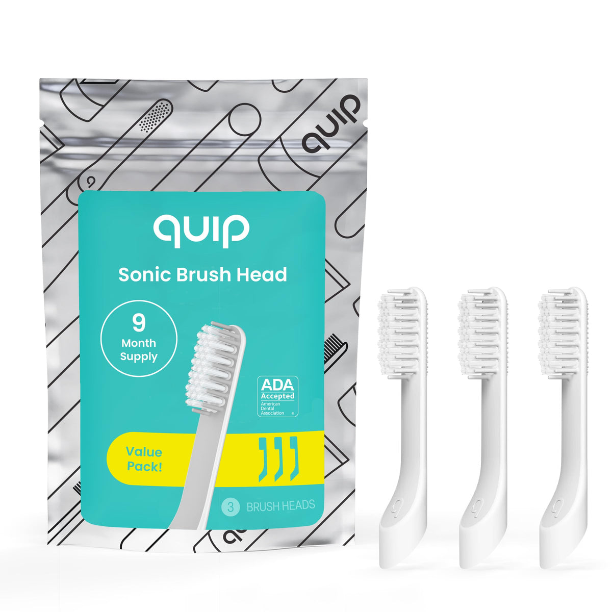Quip cabezal frontal del paquete mostrando compatibilidad y conveniencia