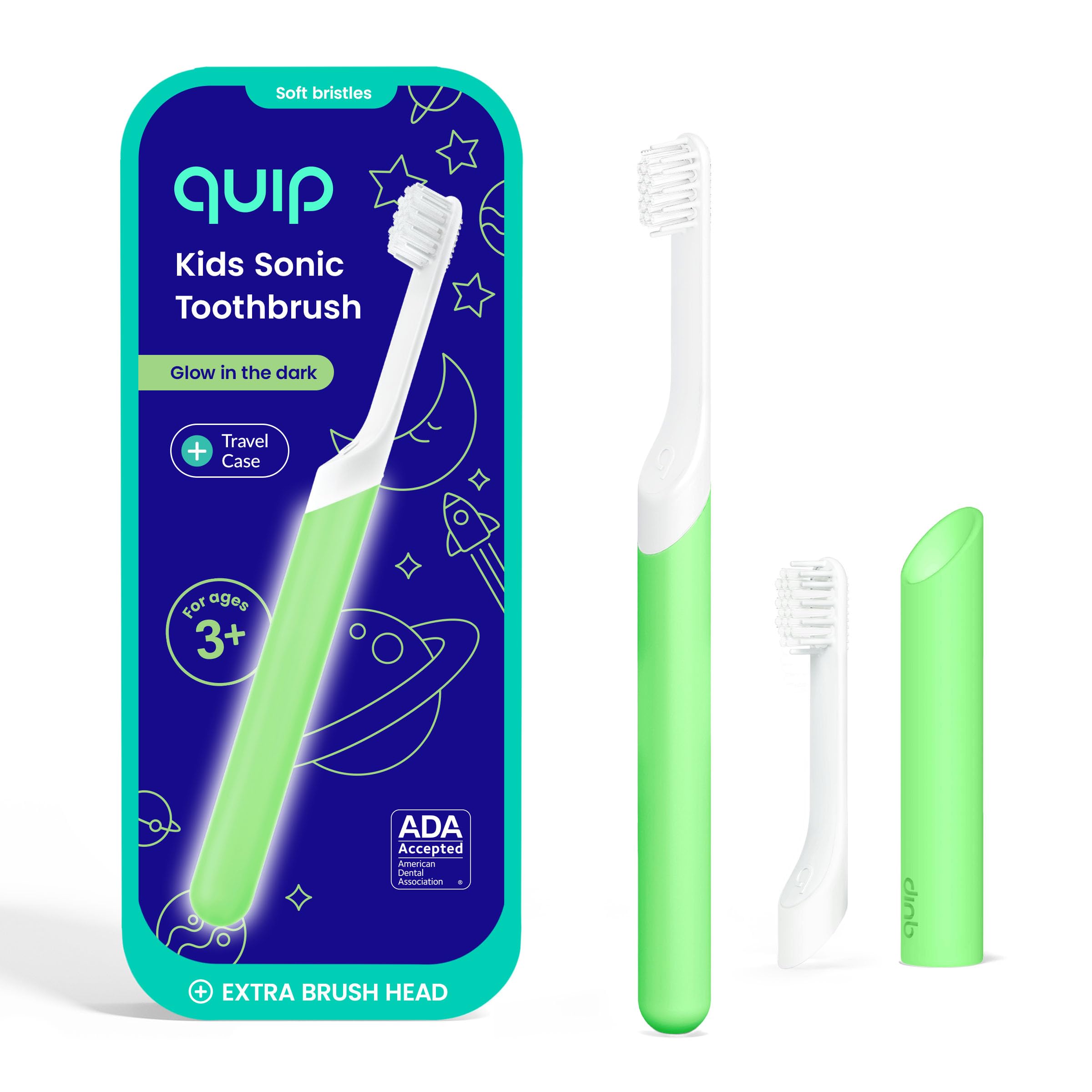 Quip cepillo frontal y empaque mostrando beneficios de temporizador