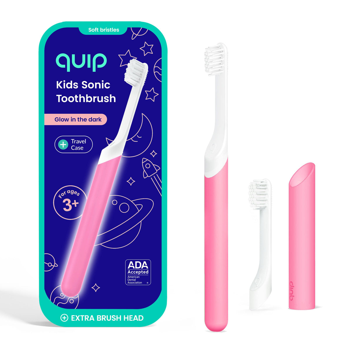 Quip cepillo infantil frontal mostrando temporizador y diseño rosa fosforescente, fácil uso