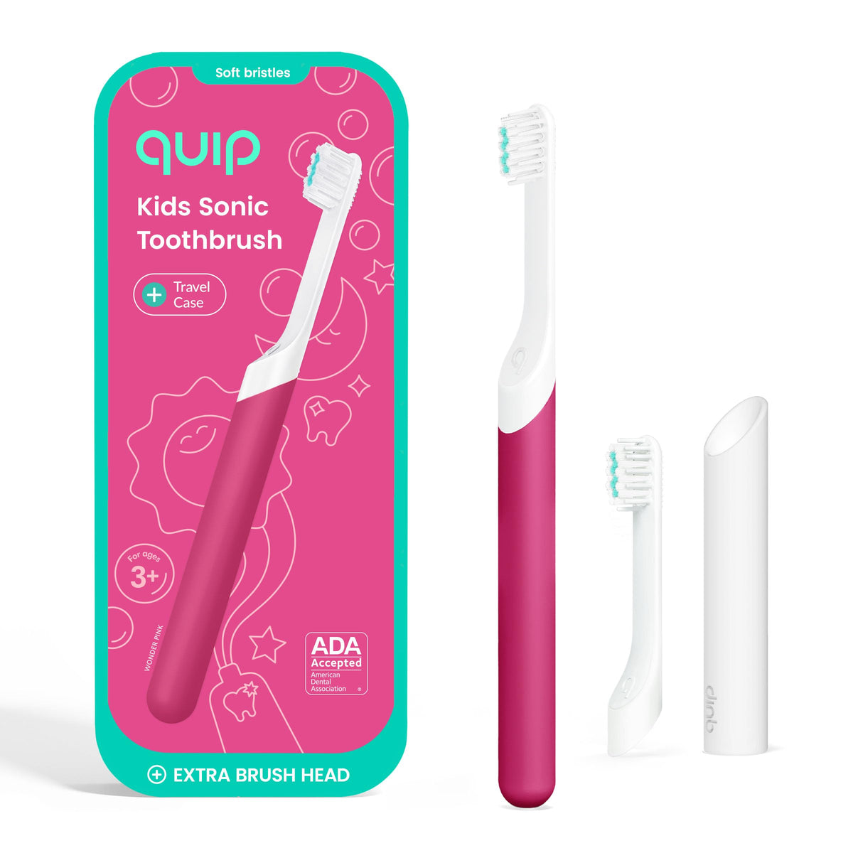 Quip cepillo infantil frontal en Wonder Pink mostrando diseño y beneficio práctico