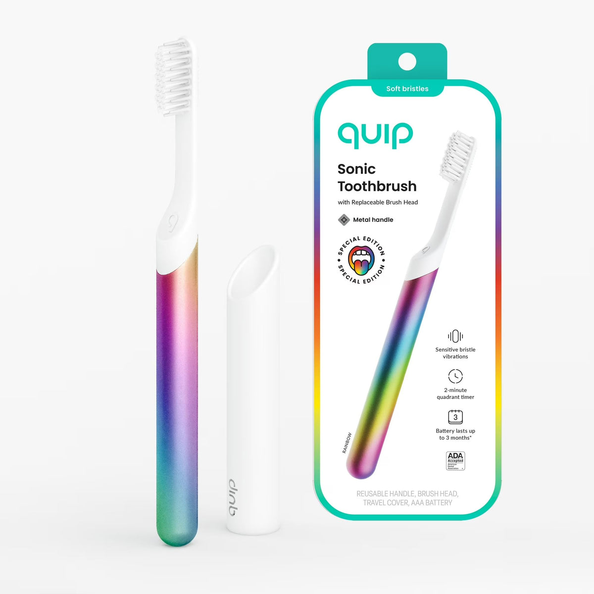 Quip cepillo Metal Sonic vista frontal y embalaje protege el producto