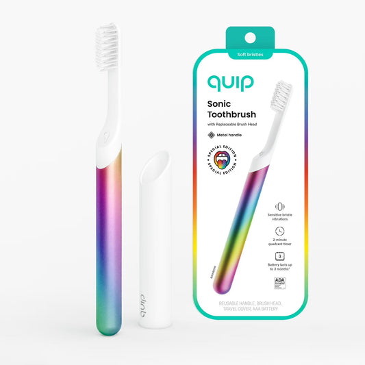 Quip cepillo Metal Sonic vista frontal y embalaje protege el producto