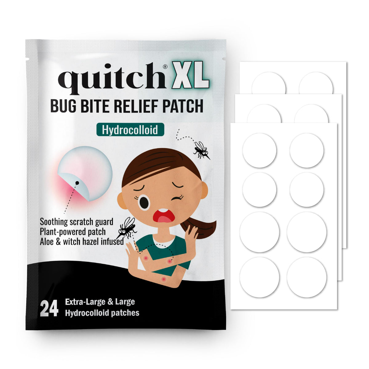 quitch empaque frontal mostrando parches XL y beneficio portátil