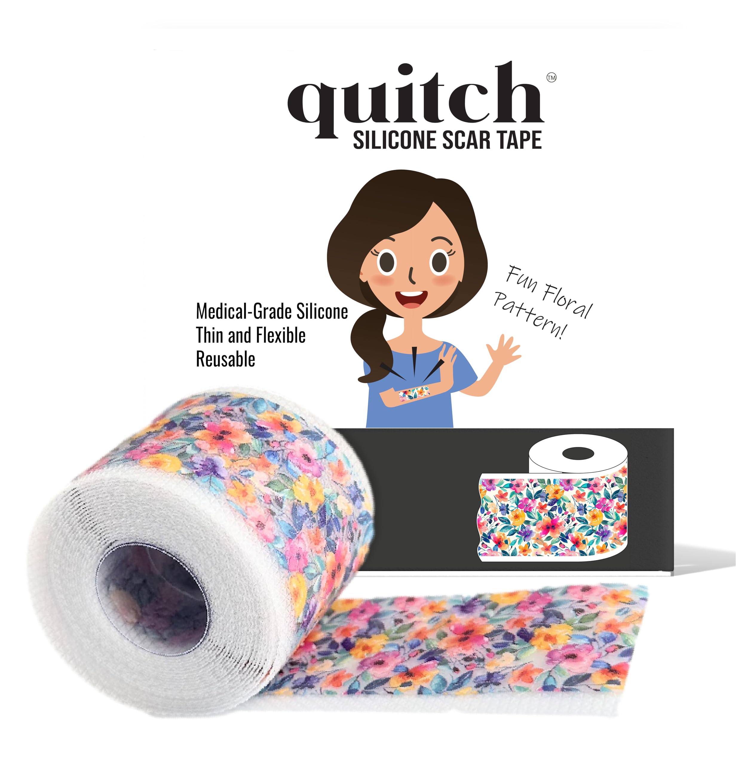 Quitch embalaje frontal floral mostrando producto y estilo, transmite confianza