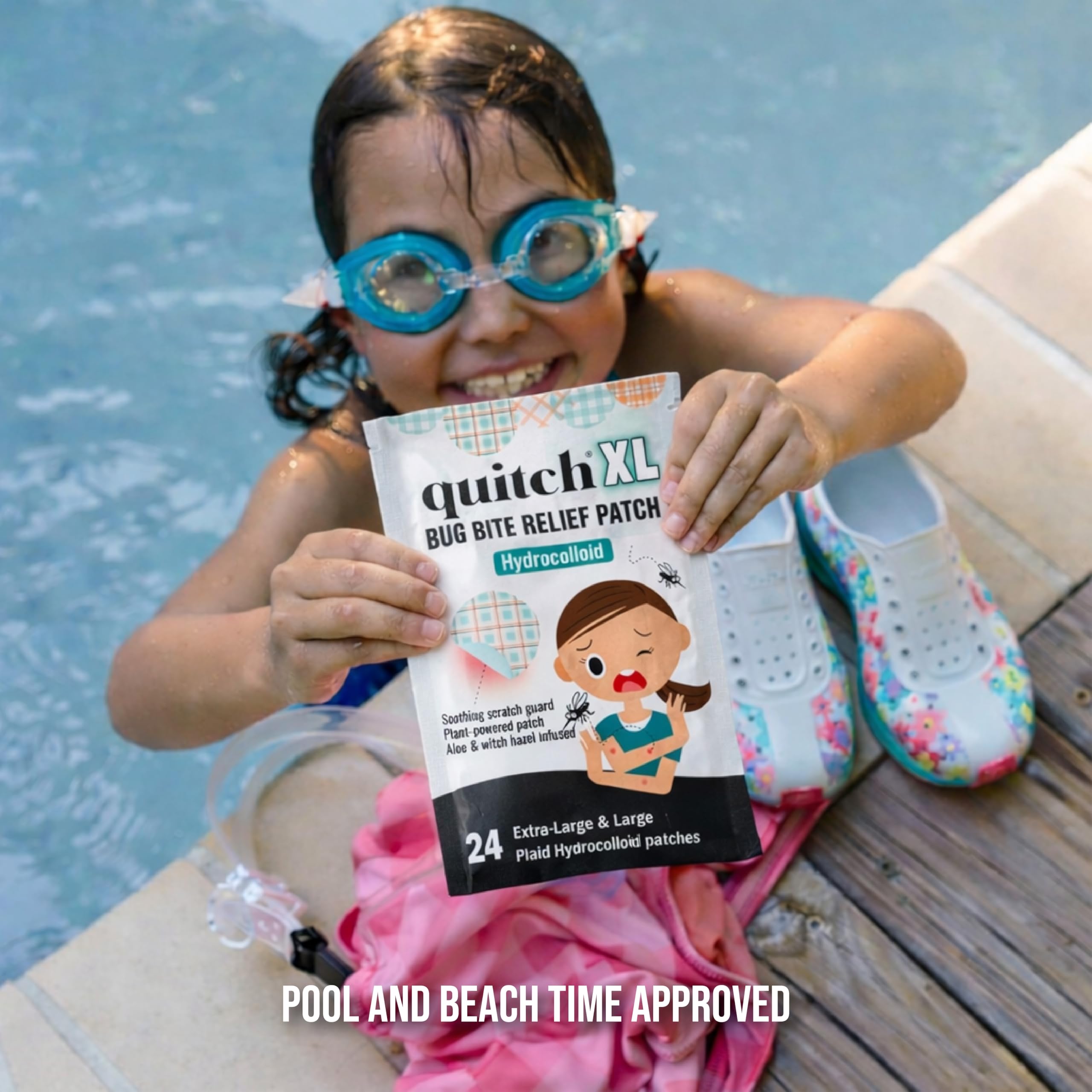 quitch parche XL aplicado en brazo infantil, reduce el rascado durante el juego