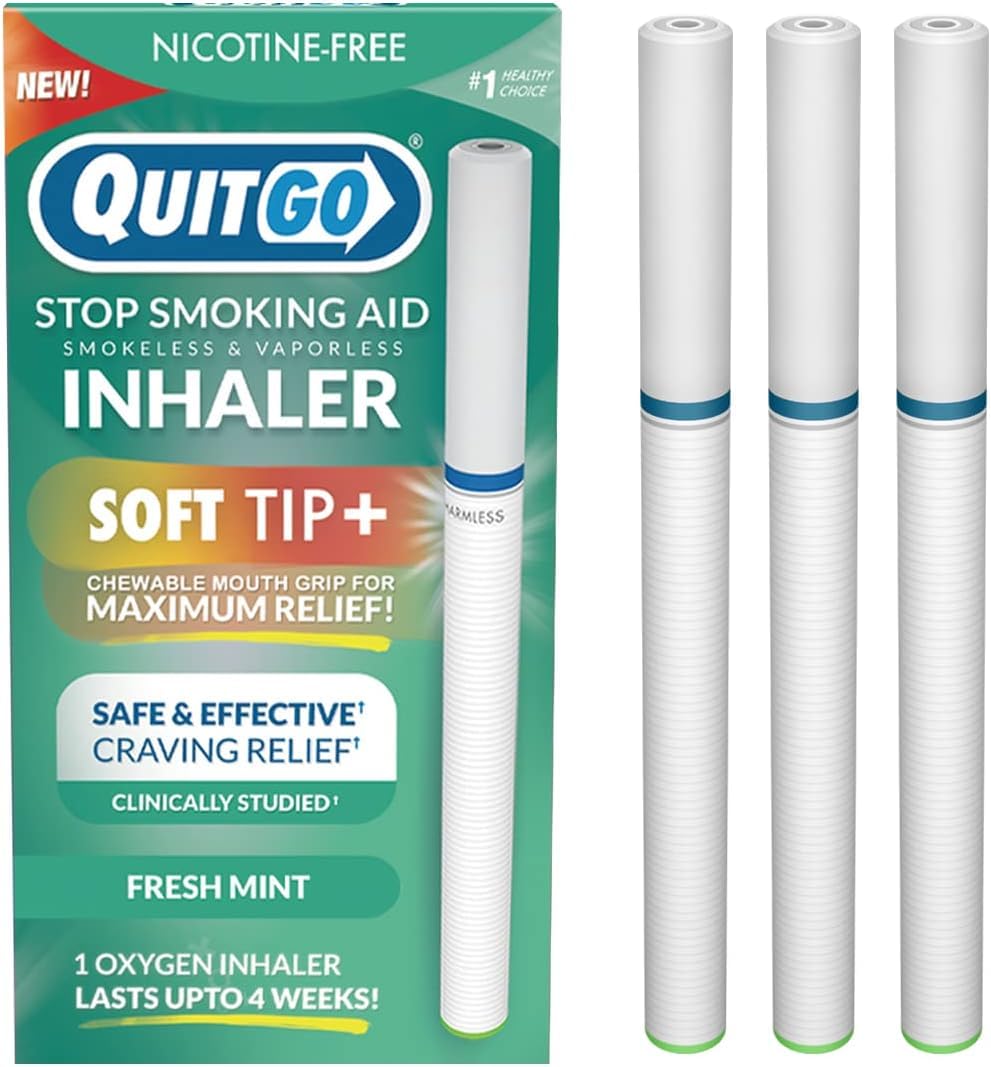 QuitGo inhalador frente del empaque mostrando 3 unidades y beneficio de portabilidad