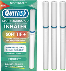 QuitGo inhalador frente del empaque mostrando 3 unidades y beneficio de portabilidad