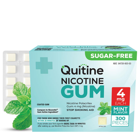 Quitine goma nicotina 4 mg sabor menta, empaque frontal, ayuda a controlar antojos.
