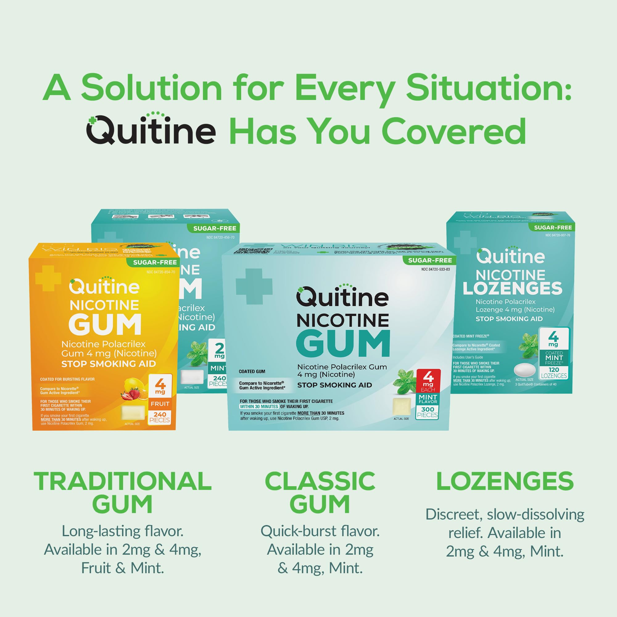 Quitine goma nicotina 4 mg sabor menta, empaque compacto, fácil de llevar discretamente.