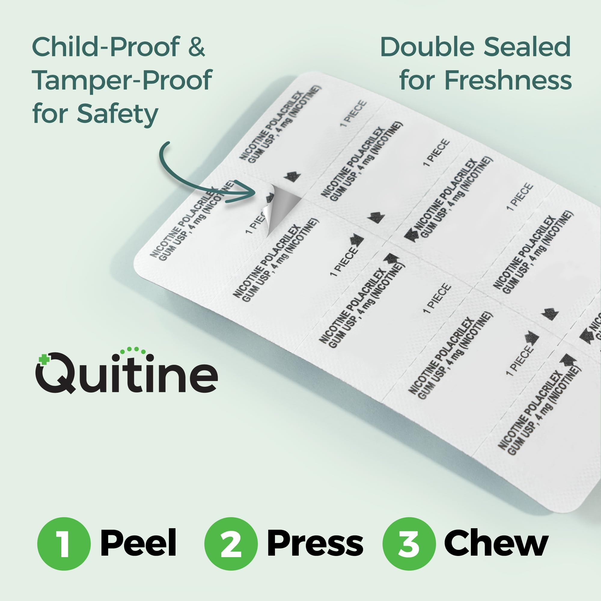 Quitine goma nicotina 4 mg sabor menta, uso en mano para aliviar antojos durante el día.