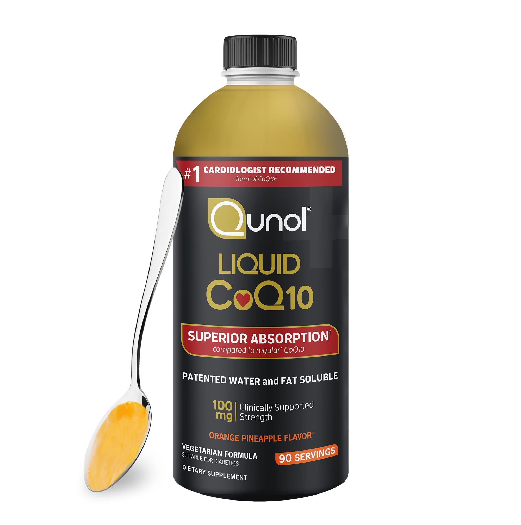 Qunol botella frontal mostrando 100 mg y 90 porciones, fácil identificación