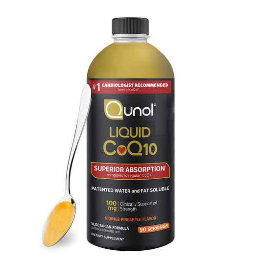 Qunol botella frontal mostrando 100 mg y 90 porciones, fácil identificación
