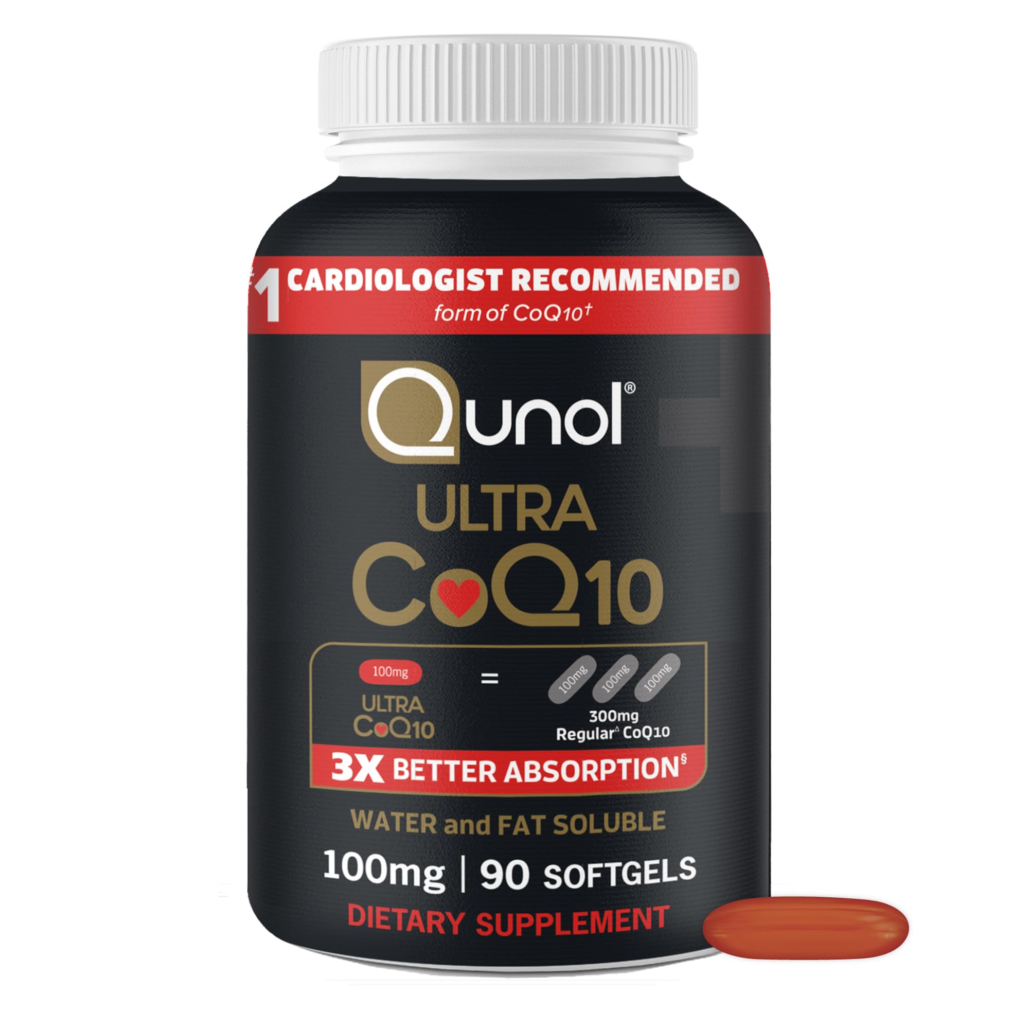 Qunol embalaje frontal mostrando 100 mg y 90 cápsulas, confianza en calidad