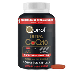 Qunol embalaje frontal mostrando 100 mg y 90 cápsulas, confianza en calidad