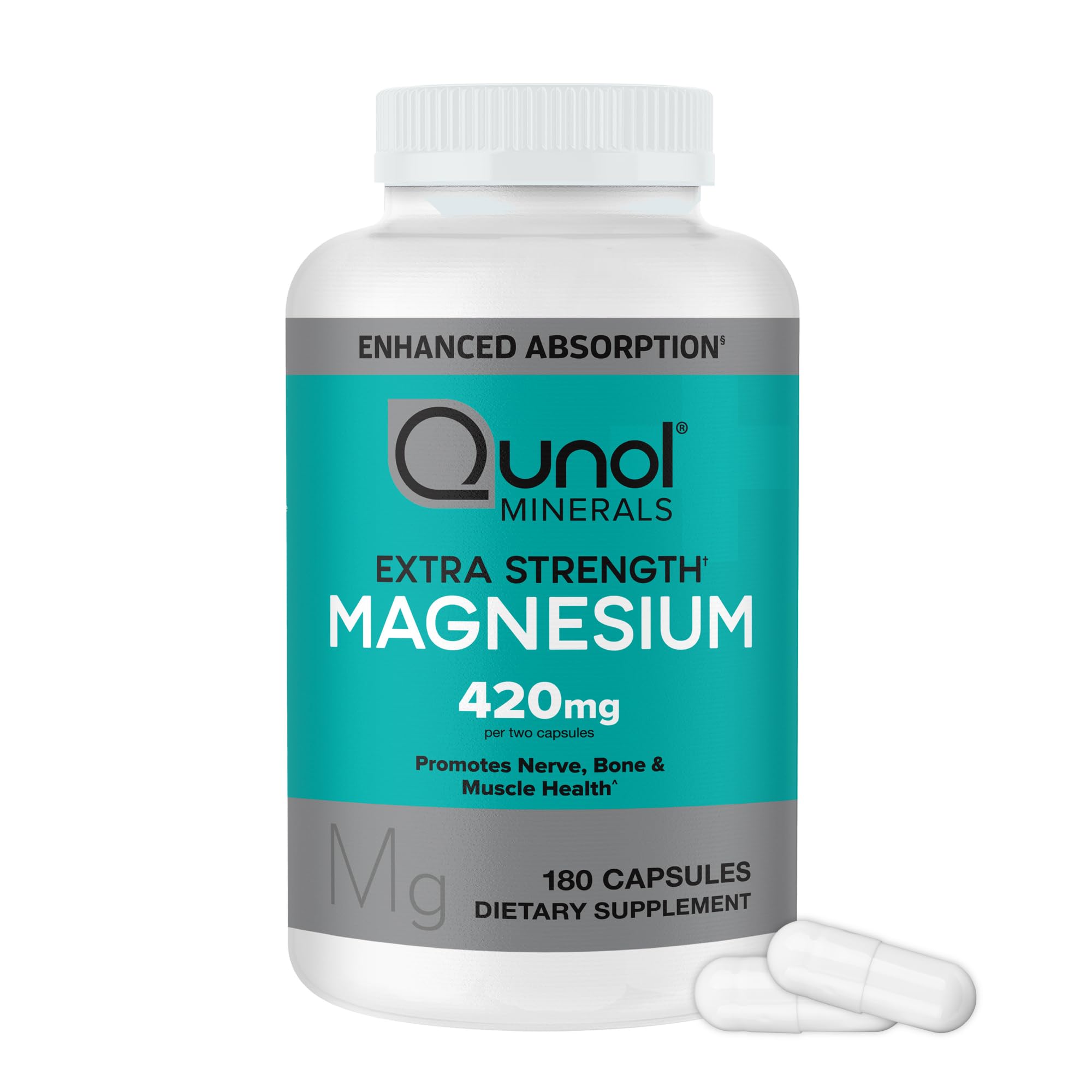 Qunol frasco frontal mostrando magnesio 420 mg y practicidad