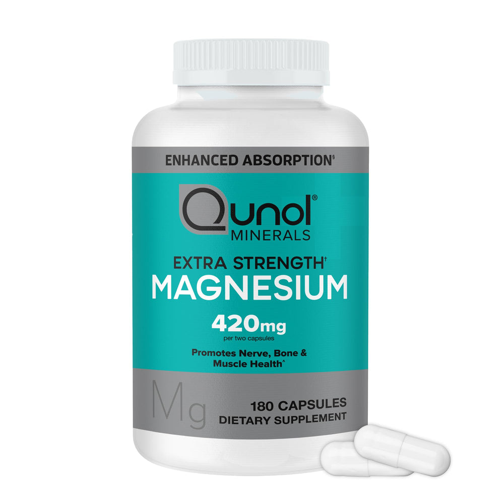 Qunol frasco frontal mostrando magnesio 420 mg y practicidad