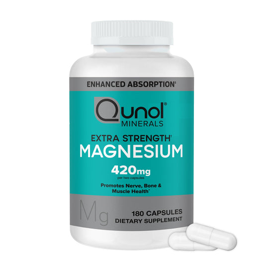 Qunol frasco frontal mostrando magnesio 420 mg y practicidad