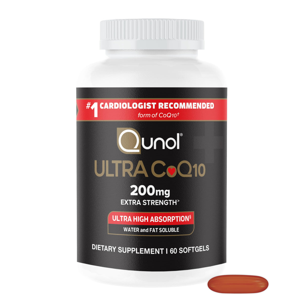 Qunol frasco frontal mostrando la etiqueta y cantidad para confianza