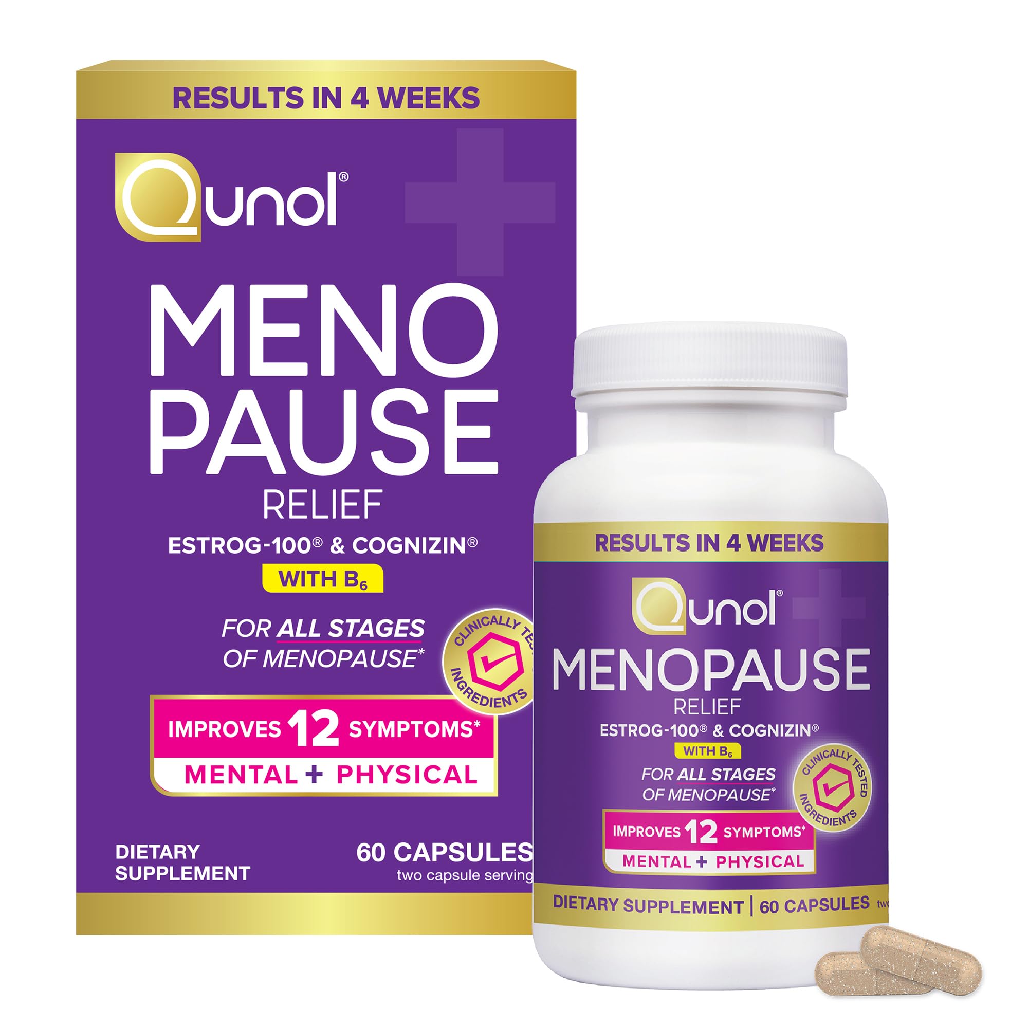 Qunol frente del envase mostrando 60 cápsulas y beneficio de apoyo menopáusico