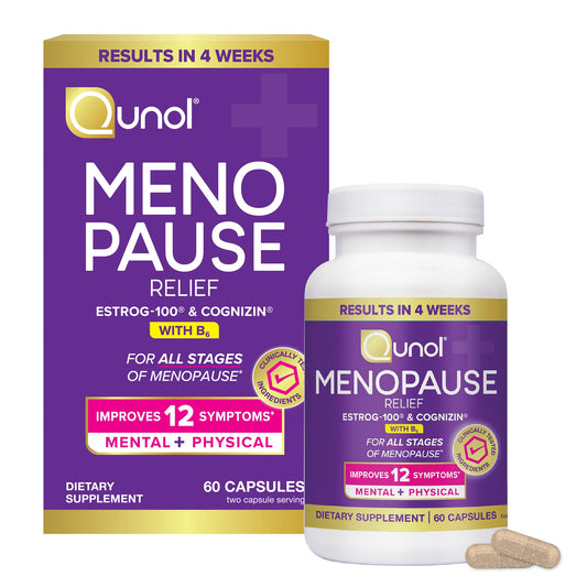 Qunol frente del envase mostrando 60 cápsulas y beneficio de apoyo menopáusico