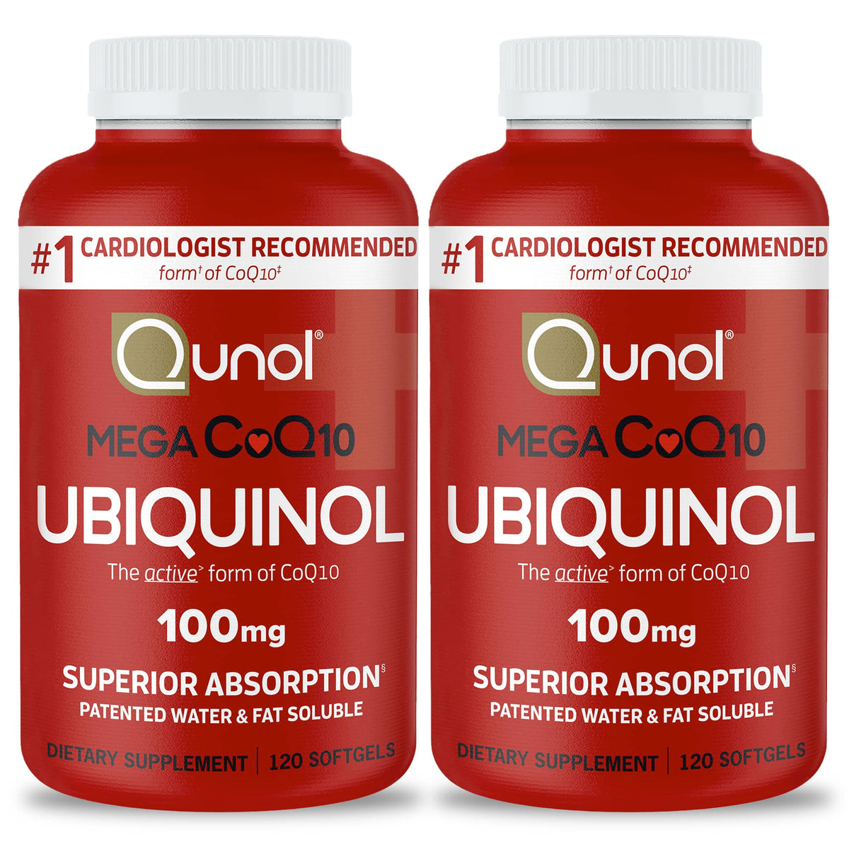 Qunol envase frontal mostrando 240 cápsulas y ventaja de absorción