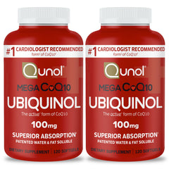 Qunol envase frontal mostrando 240 cápsulas y ventaja de absorción