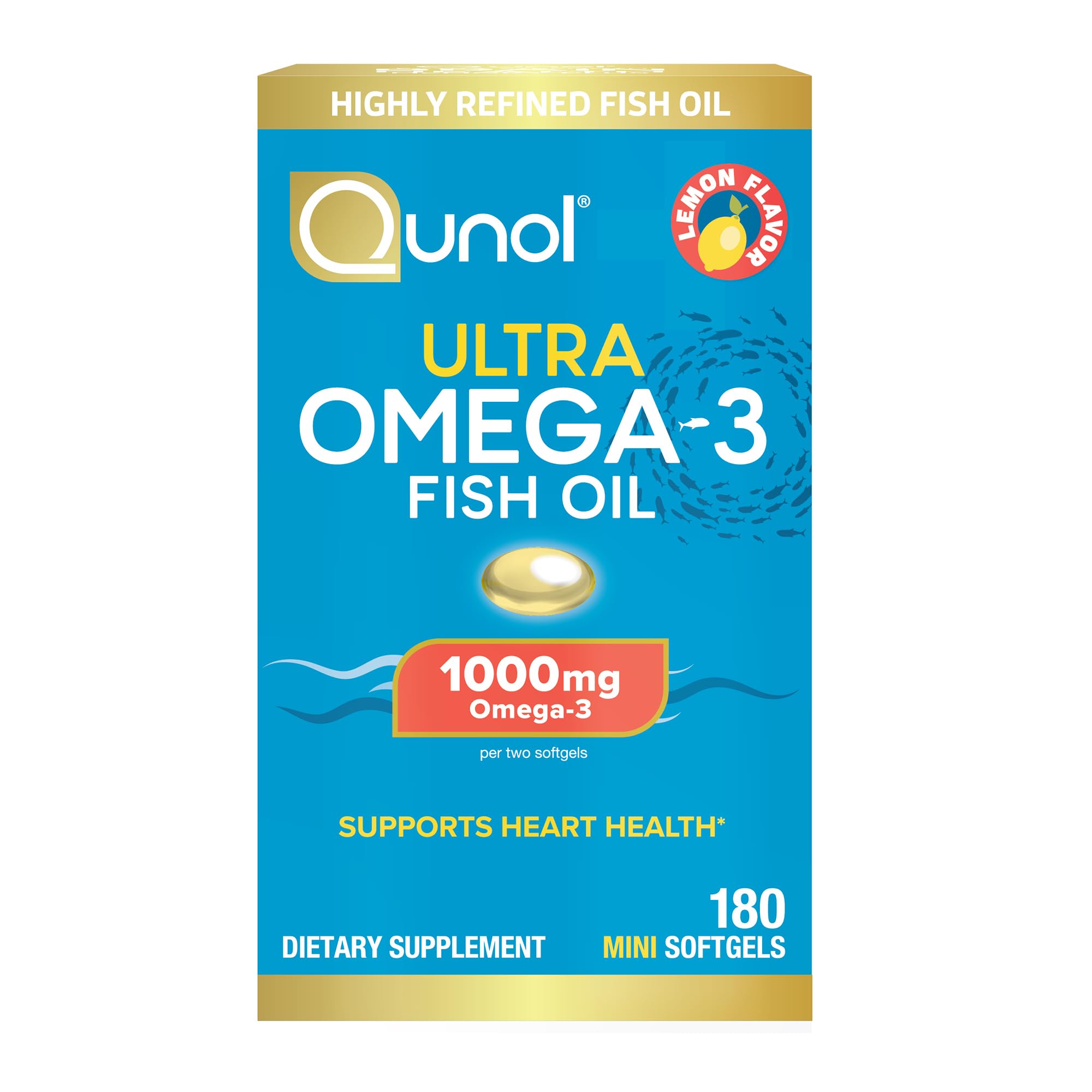 Qunol envase frontal 180 cápsulas, muestra duración y comodidad