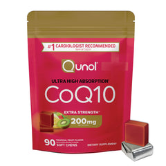 Qunol envase frontal de CoQ10 200 mg, alternativa masticable conveniente
