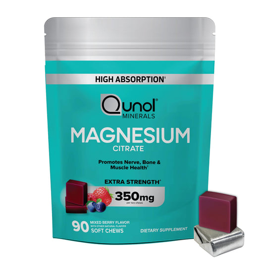Qunol masticables frontal muestra envase y beneficio de conveniencia