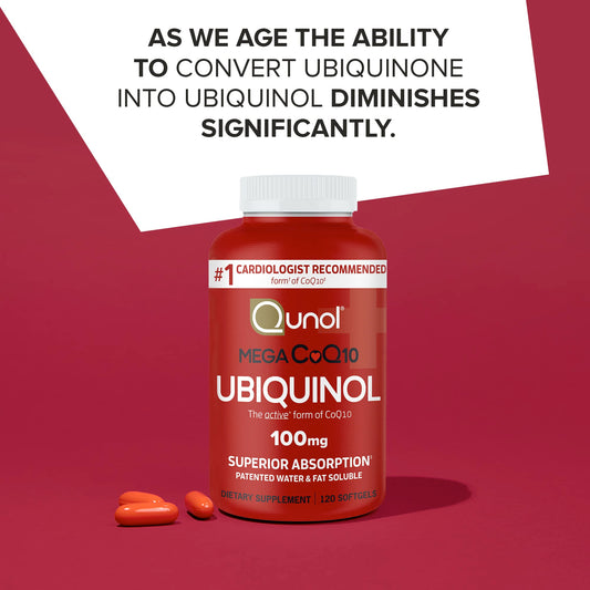 Qunol Mega Ubiquinol CoQ10 softgels close-up emphasizing easy-to-swallow capsules.