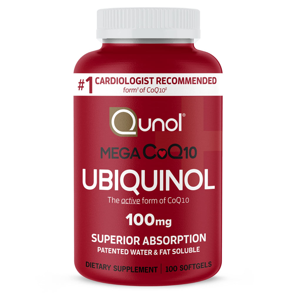Qunol envase frontal mostrando cápsulas y beneficio de absorción superior