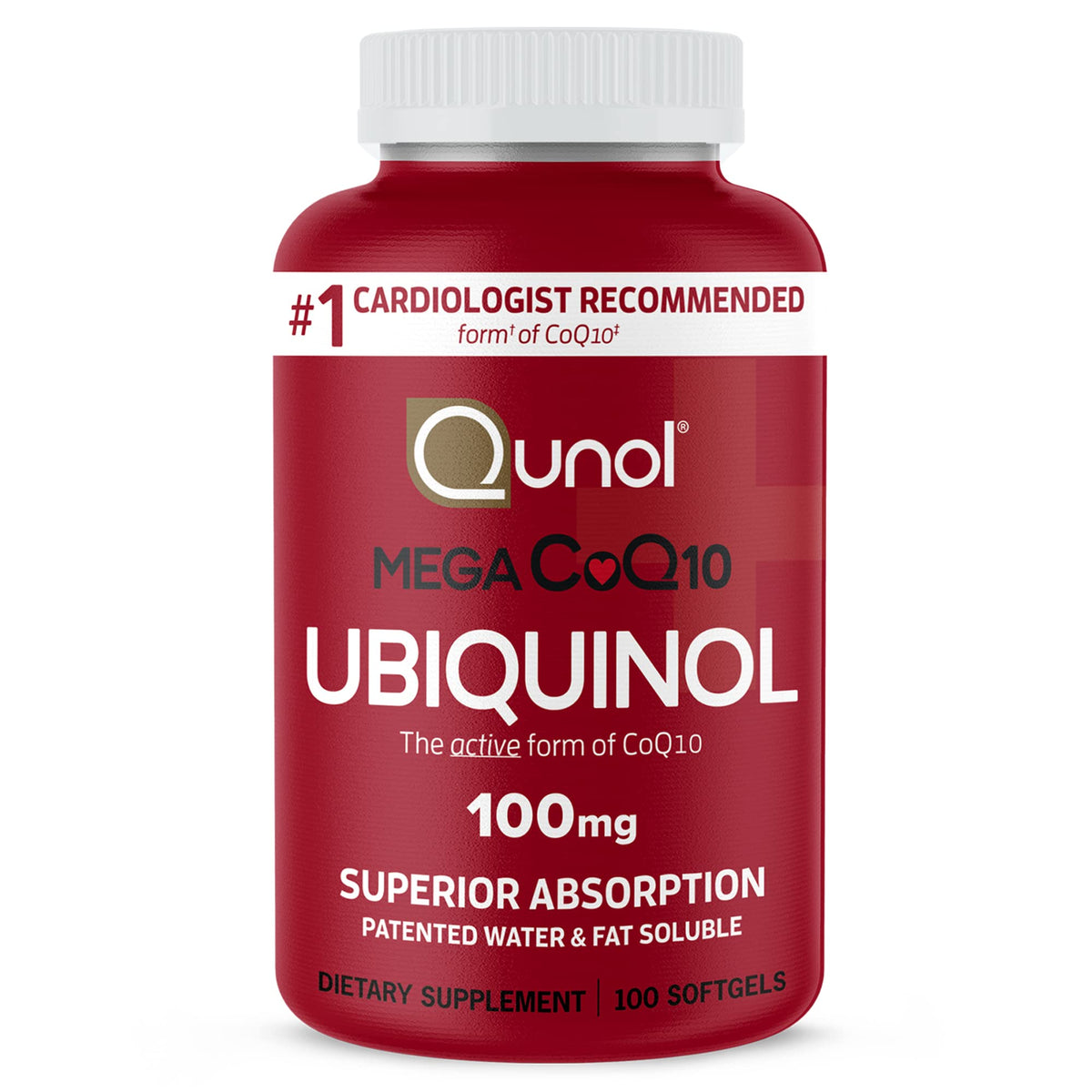 Qunol envase frontal mostrando cápsulas y beneficio de absorción superior