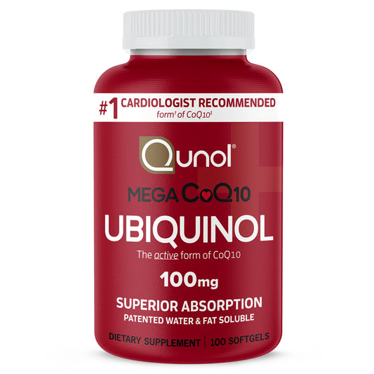 Qunol envase frontal mostrando cápsulas y beneficio de absorción superior