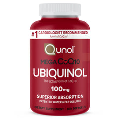 Qunol envase frontal mostrando cápsulas y beneficio de absorción superior