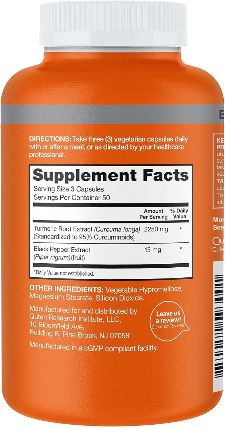 Qunol etiqueta nutricional ampliada mostrando 95% curcuminoides y datos de la porción