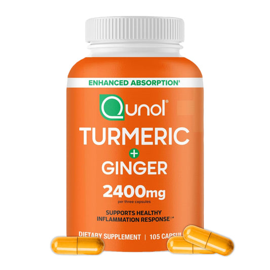 Qunol empaque frontal claro que muestra 105 cápsulas y beneficio de absorción mejorada