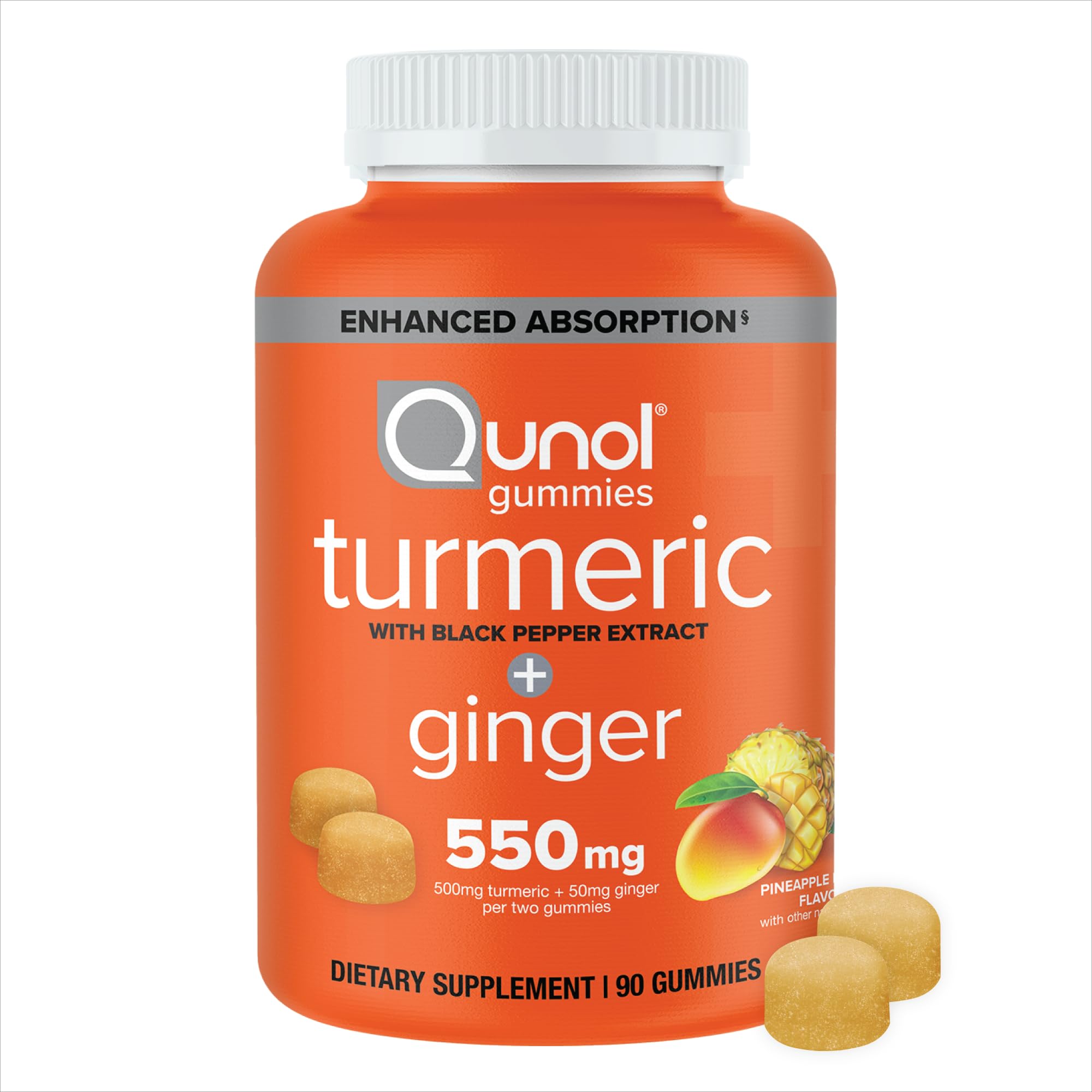 Qunol paquete frontal mostrando gominolas y beneficios de absorción