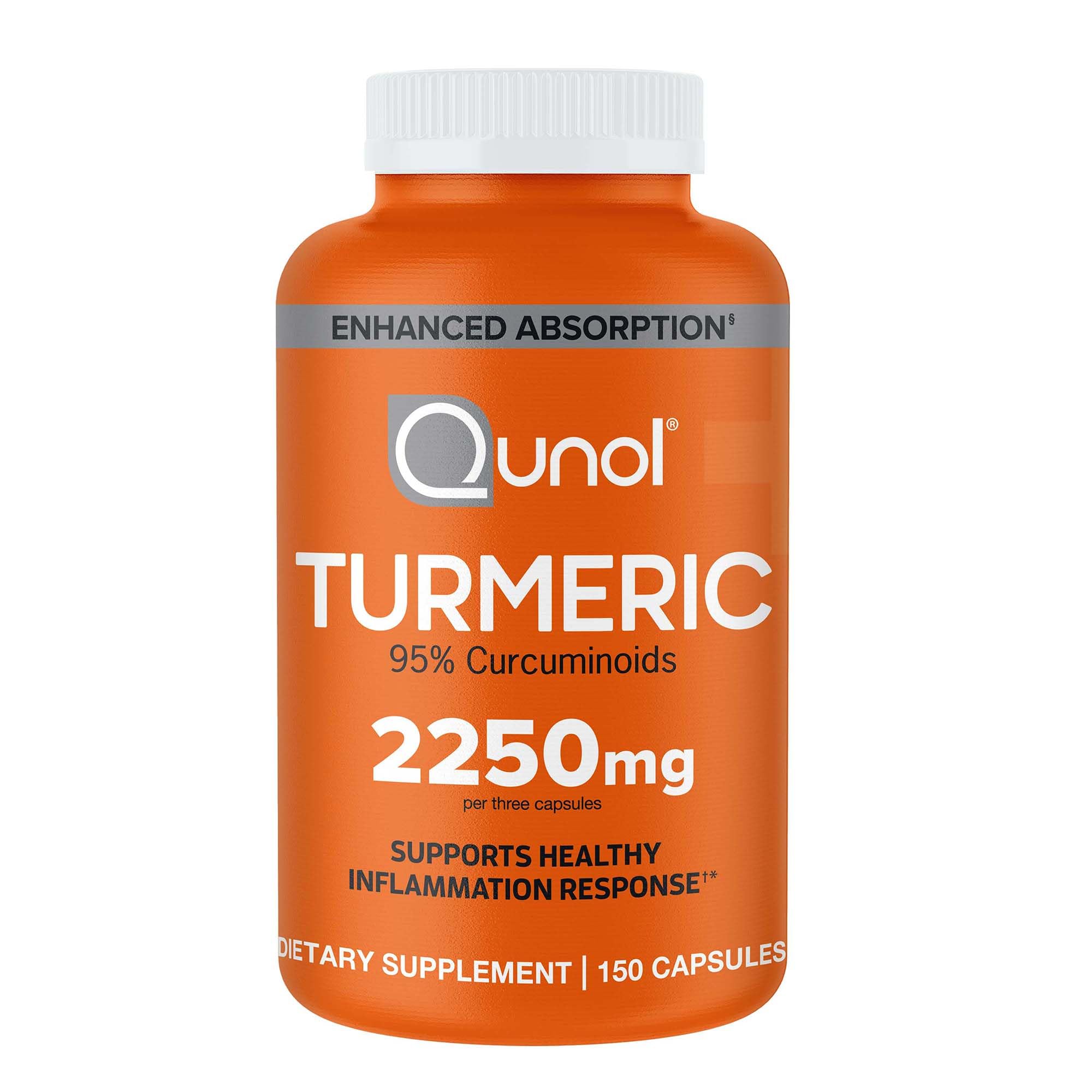 Qunol envase frontal de Turmeric 2250mg mostrando 150 cápsulas y beneficio de dosificación alta