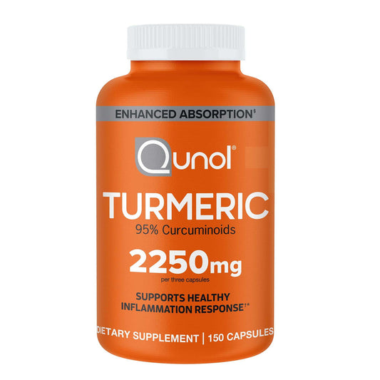 Qunol envase frontal de Turmeric 2250mg mostrando 150 cápsulas y beneficio de dosificación alta