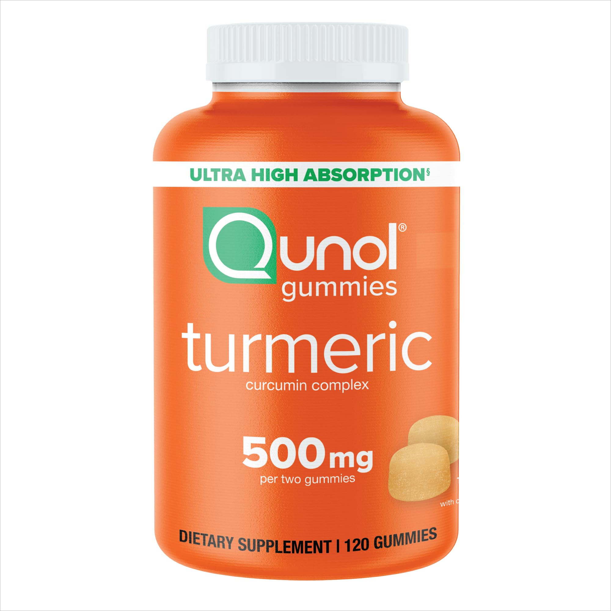 Qunol gomita frente mostrando frasco y beneficio de sabor agradable