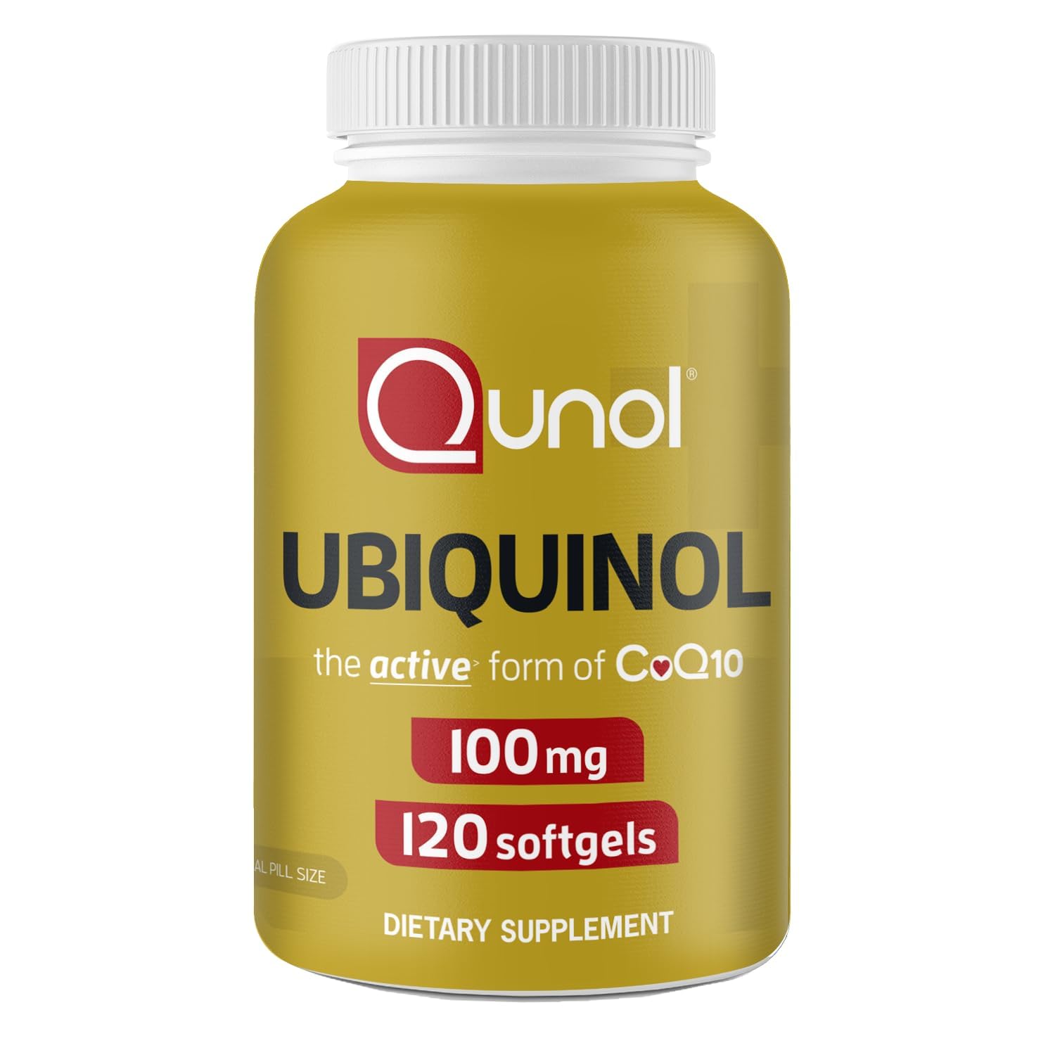 Qunol frasco frontal mostrando 120 softgels y conveniencia