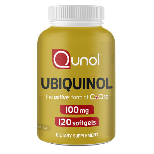 Qunol frasco frontal mostrando 120 softgels y conveniencia