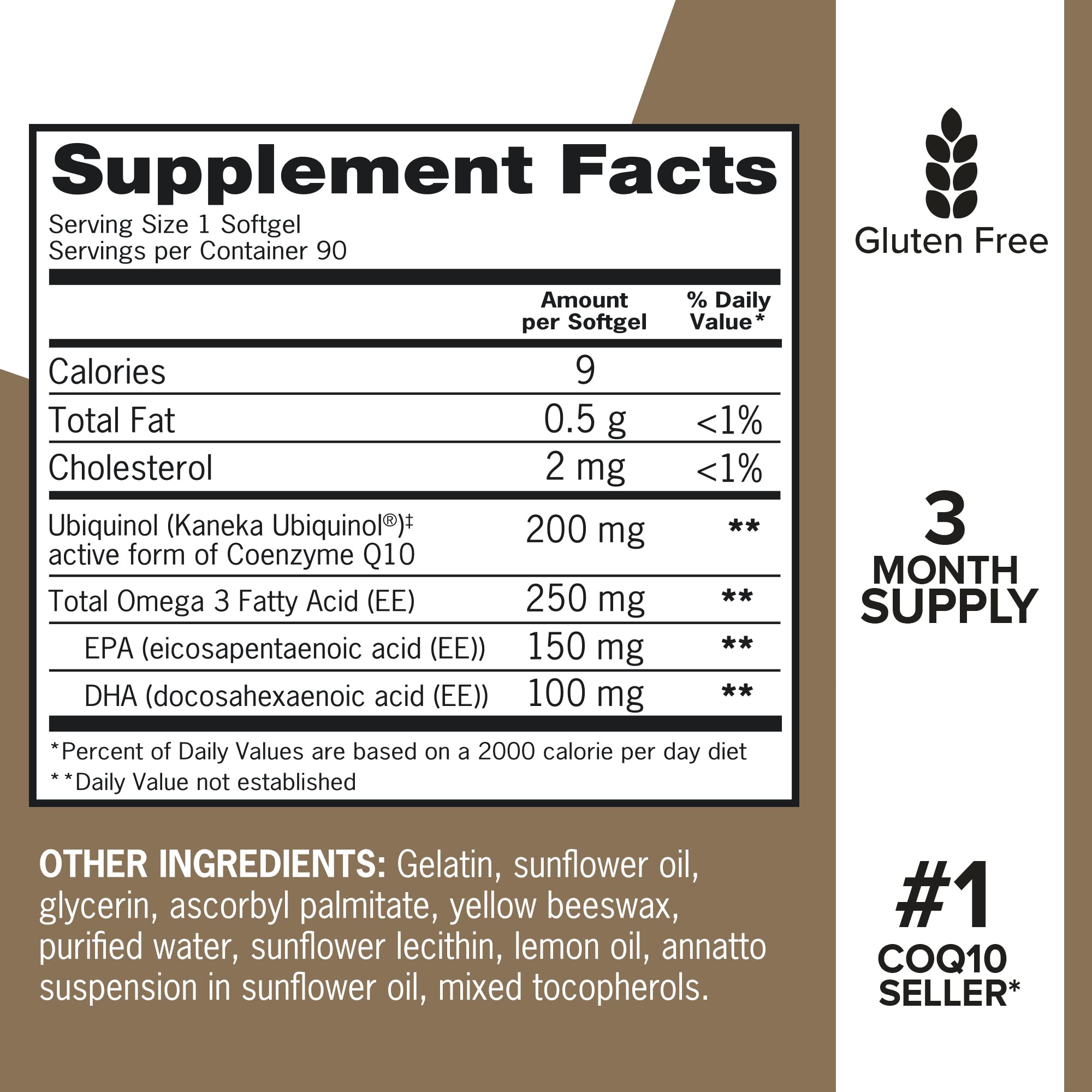 Etiqueta nutricional de Qunol indicando ubiquinol 200 mg y Omega‑3