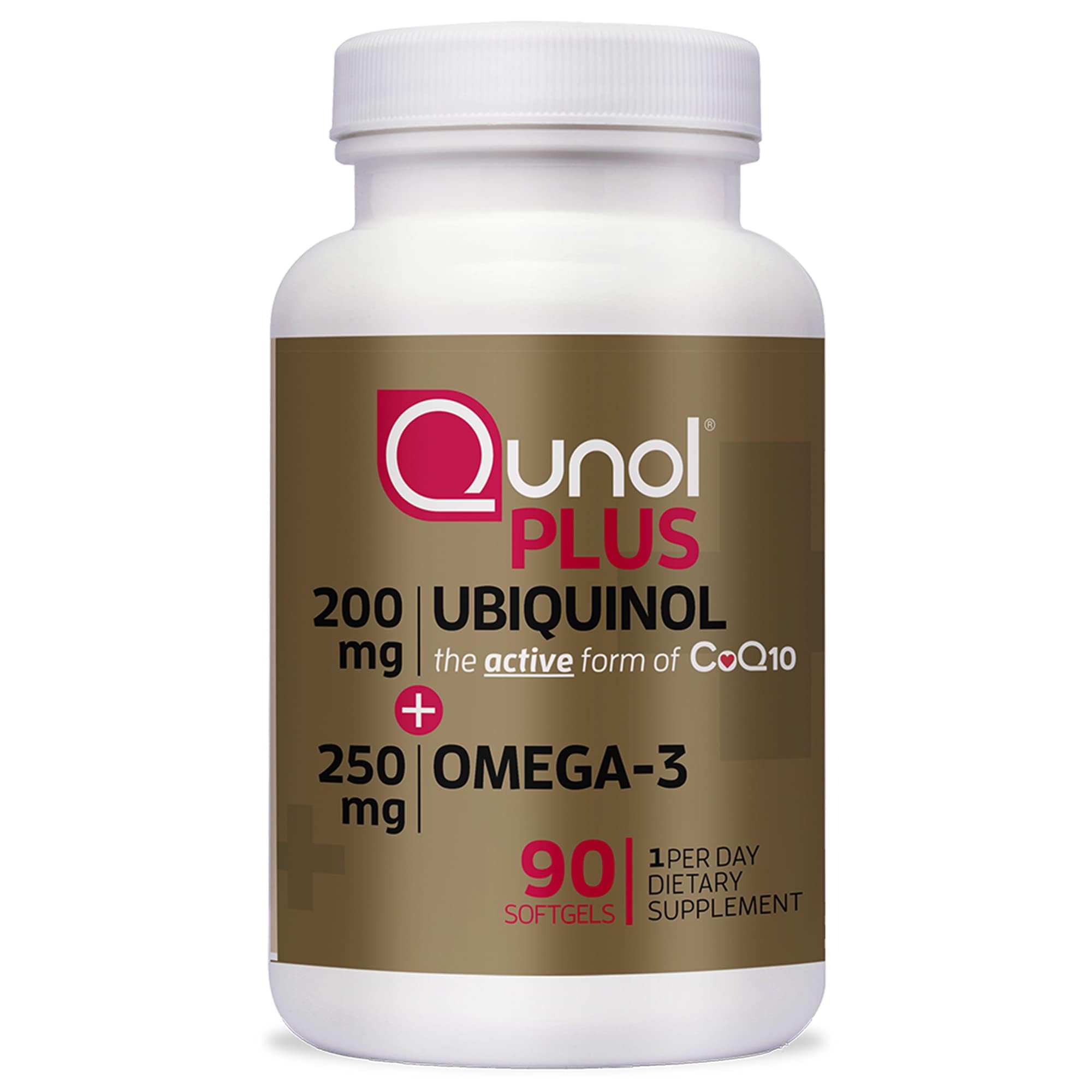 Qunol frasco frontal con etiqueta clara y beneficios visibles