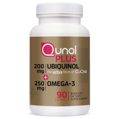 Qunol frasco frontal con etiqueta clara y beneficios visibles