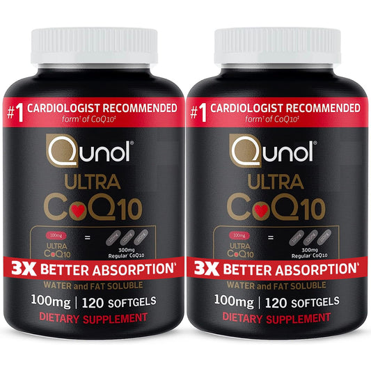 Qunol Ultra CoQ10 bottle view with 100 mg softgels for daily support.